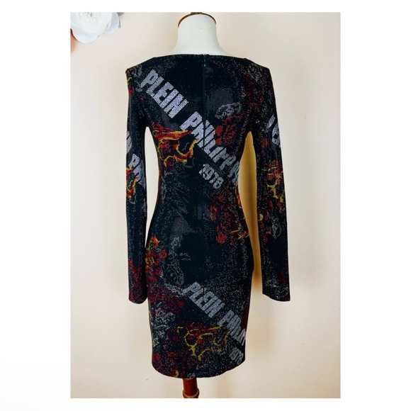 New! Rare PHILIPP PLEIN Logo Rhinestone Embellished Fire Rose Print Mini Dress - Picture 13 of 16